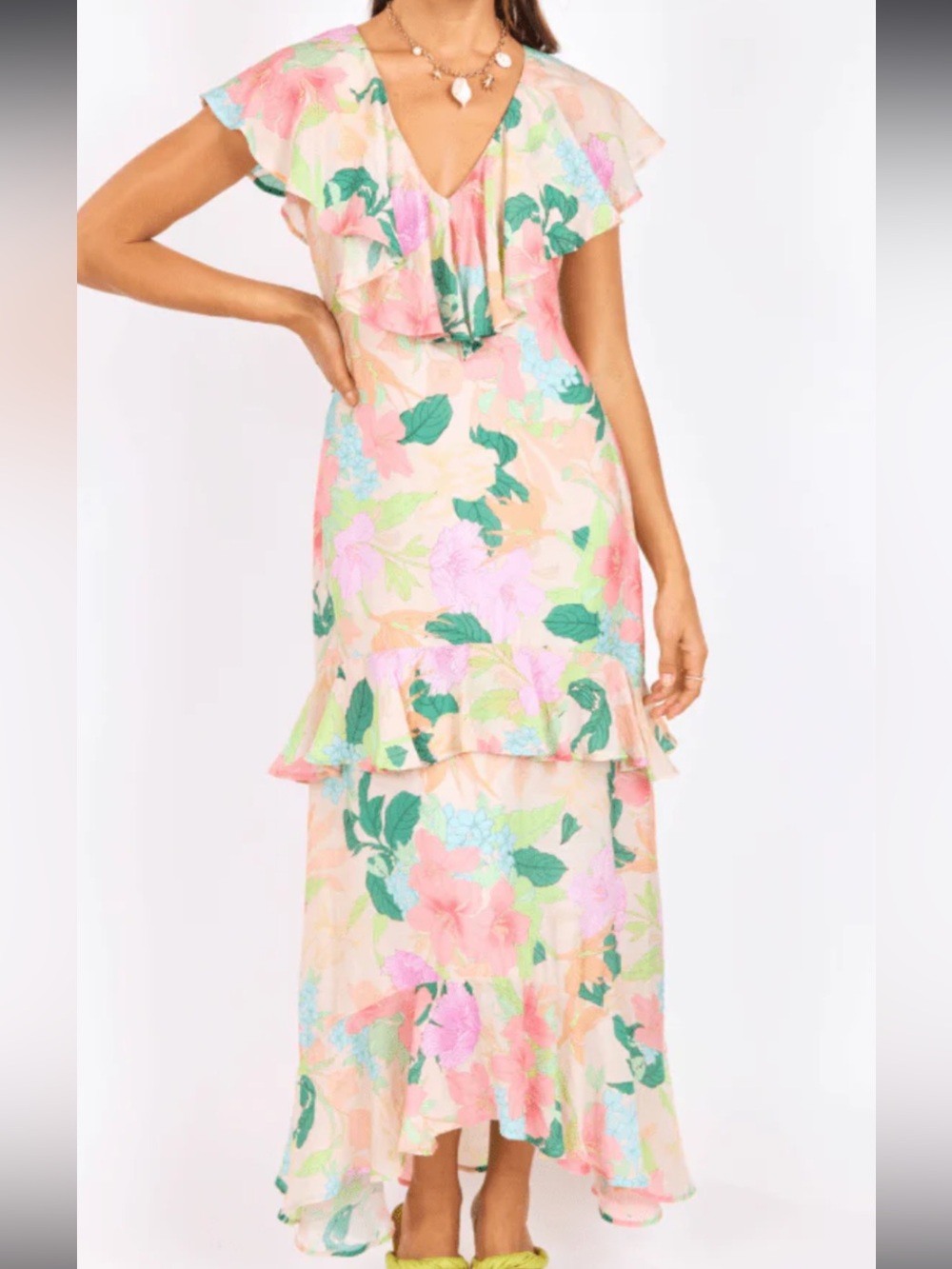 Sage Floral Ruffle Midi Dress in Peach, Pink & Green